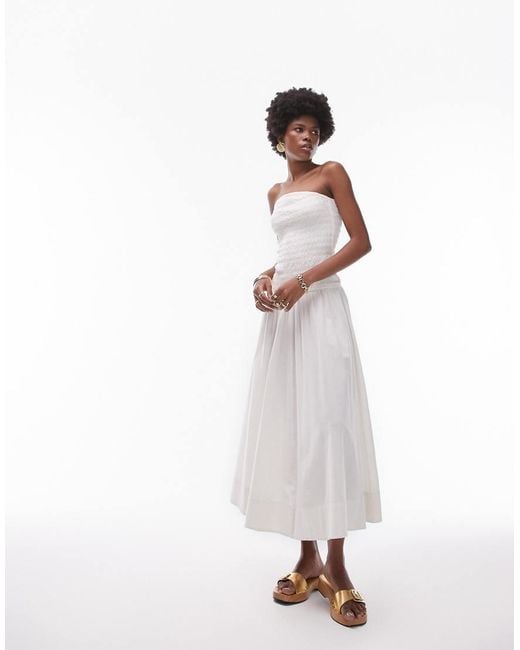 TOPSHOP White Shirring Bandeau Midi Dress