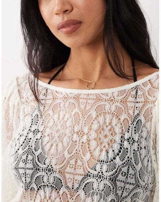 Miss Selfridge Natural Beach Lace Puff Sleeve Ruffle Mini Dress Cover Up