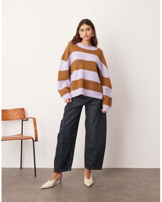 ARRANGE Brown Oversized Crew Neck Striped Knit Jumper