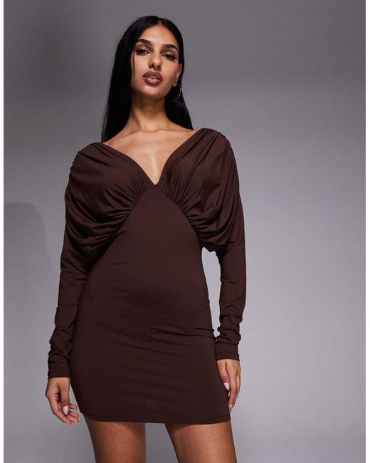 ASOS Ruched Batwing Long Sleeve Mini Dress in Brown | Lyst