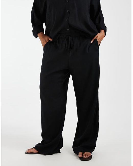 Vero Moda Black Linen Touch Wide Leg Pants With Drawstring Waist