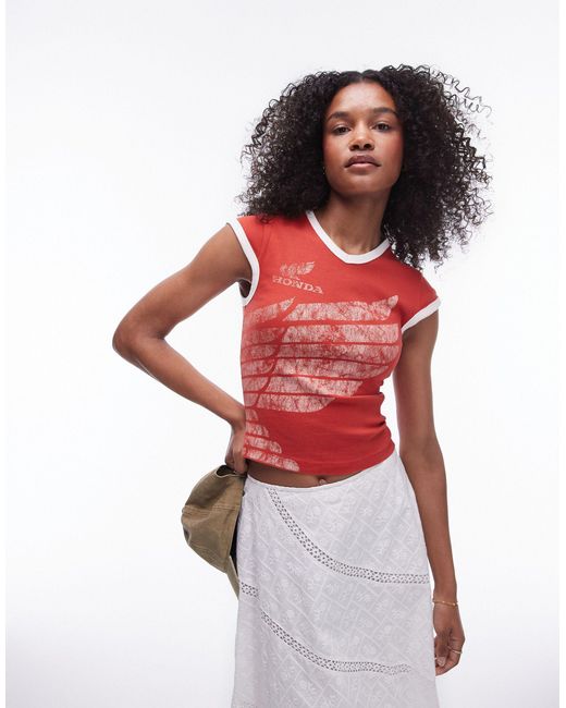 TOPSHOP Red Graphic License V Neck Honda Baby Tee