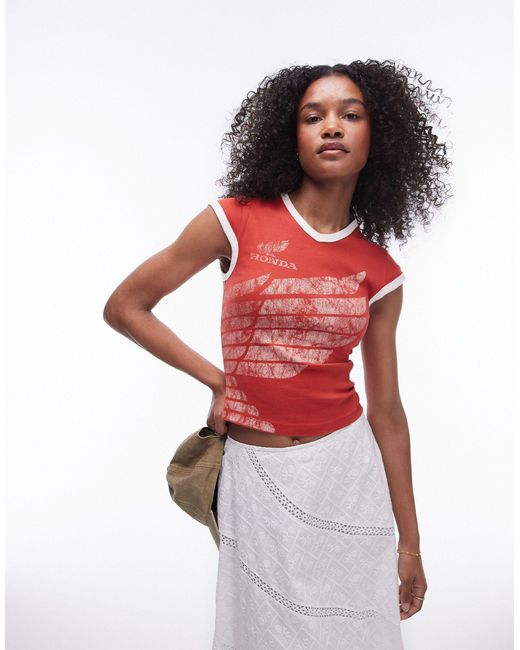 T-shirt effet rétréci avec imprimé honda sous licence et col en v TOPSHOP en coloris Red