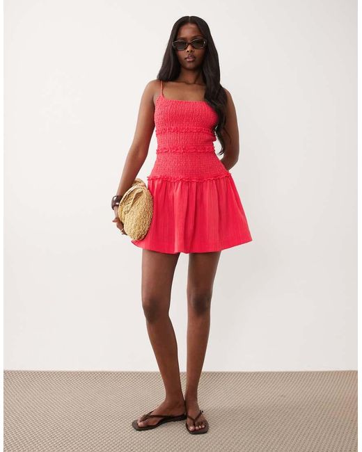 ASOS Red Crinkle Mini Sundress With Shir Dropped Waist