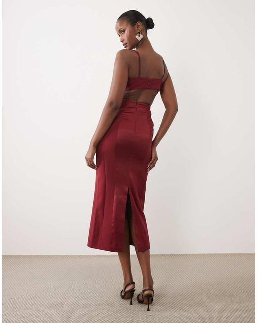 Bardot Red Satin Cami Lace Detail Midi Dress