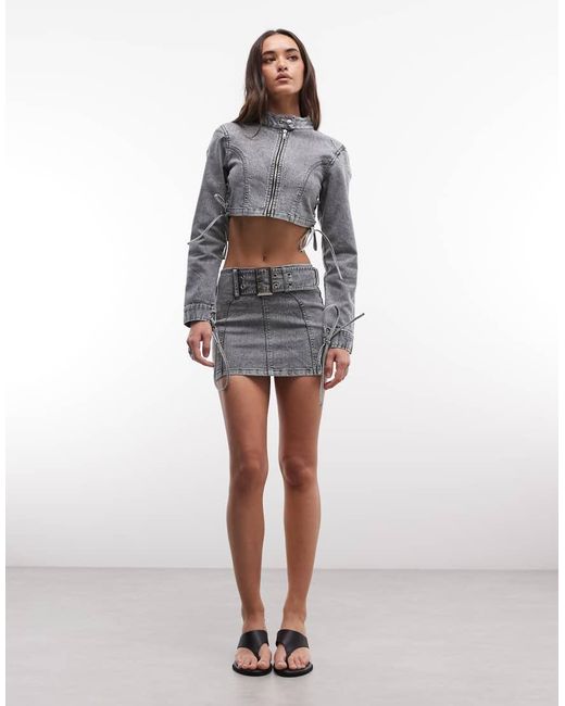 Liquor N Poker Gray Extreme Buckle Belt Denim Mini Skirt Co-Ord