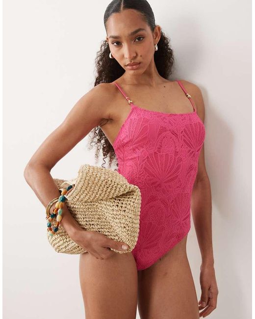 New Look Pink Crochet Ruched Side Swimsuit