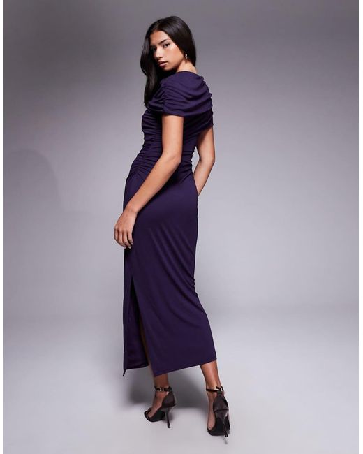 Forever New Purple Mesh Ruched Cape Shoulder Detail Midi Dress