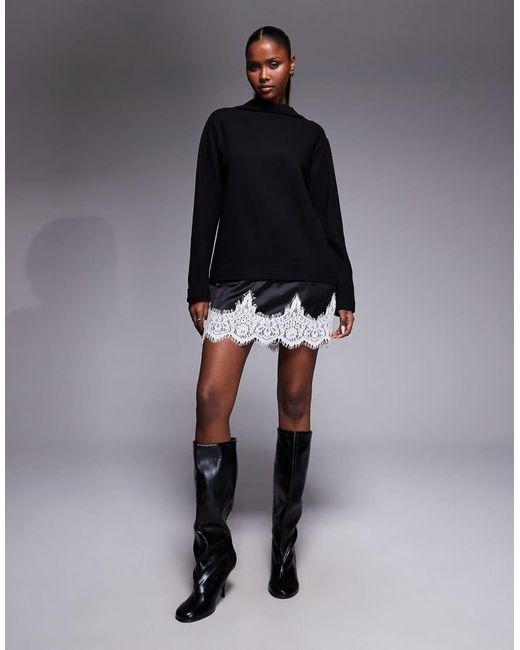 ASOS Black Supersoft Funnel Neck Mini Dress With Contrast Lace Hem