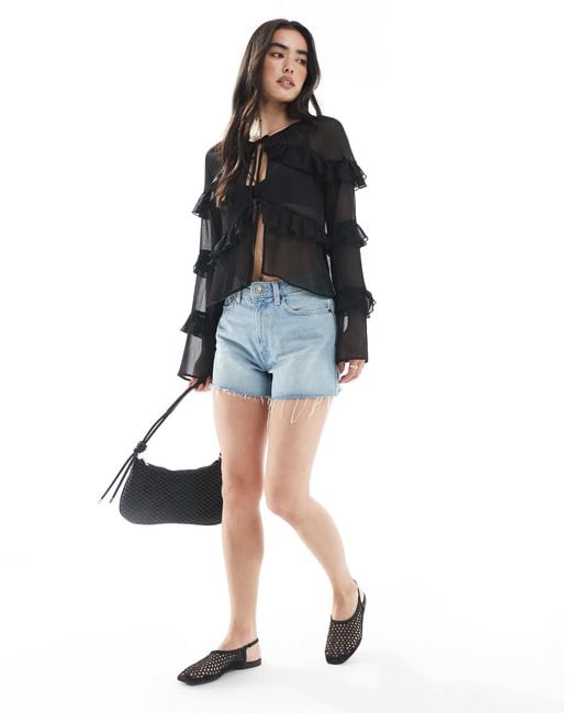Miss Selfridge Black Tie Front Ruffle Blouse