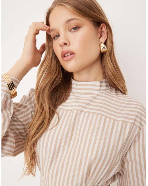 ASOS Natural High Neck Poplin Mini Dress With Pleated Waist