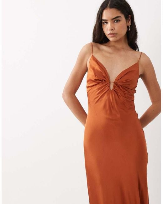 Mango Orange Satin Deep V Strappy Maxi Dress