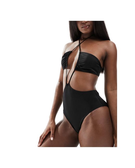 Monki Black Halter Bandeau Style Cut Out Swimsuit
