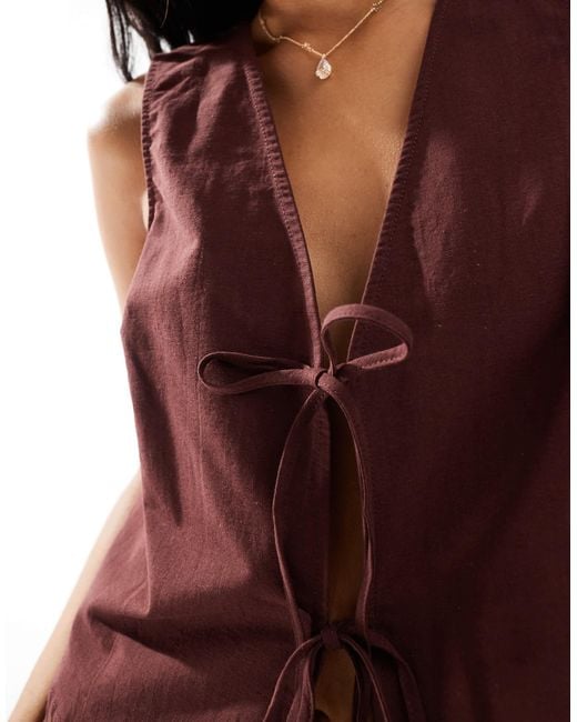 Miss Selfridge Brown – vorne gebundenes oberteil aus leinen