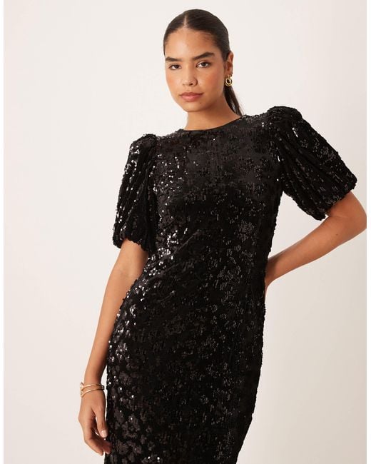 Y.A.S Black Puff Sleeve Sequin Midi Dress