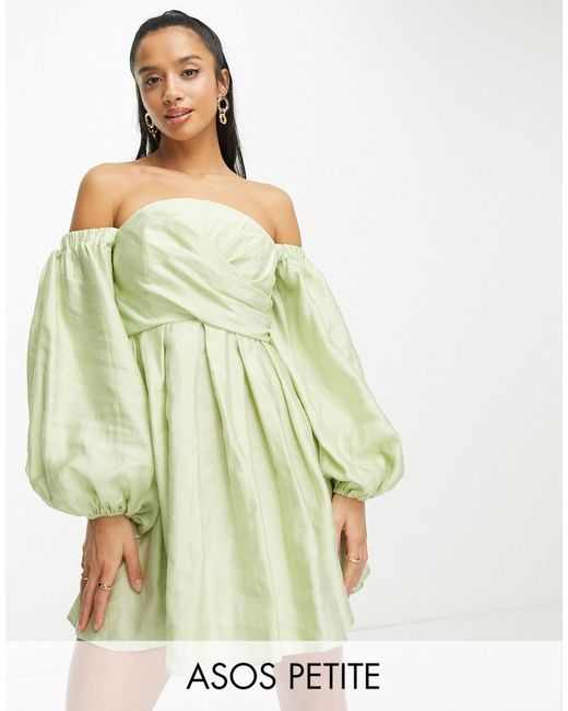 Asos design petite robe courte style cache c ur a epaules denudees et manches ballon sauge ASOS en coloris Blanc Lyst