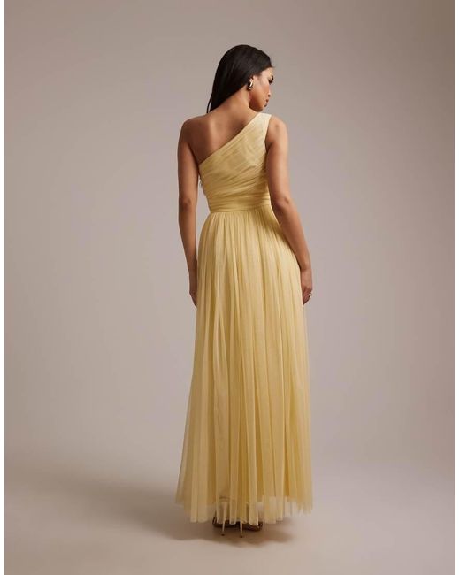 LACE & BEADS Natural Bridesmaid Tulle One Shoulder Maxi Dress