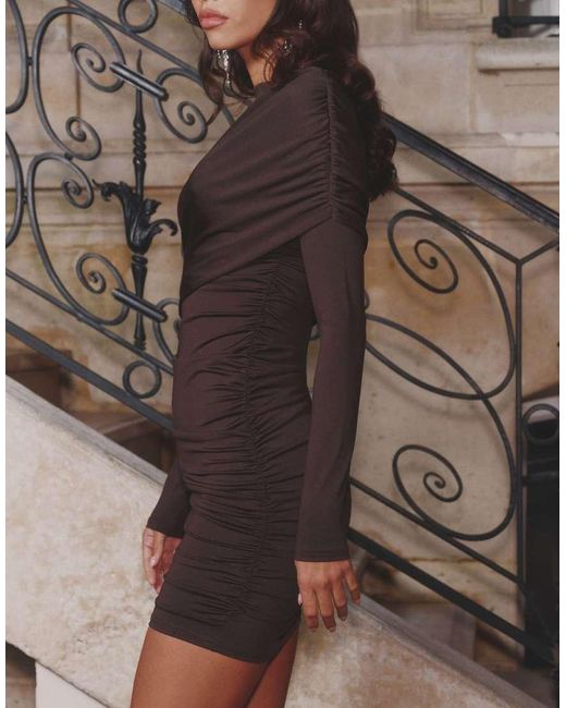 4th & Reckless Black Slinky Ruched Wrap Shoulder Detail Mini Dress
