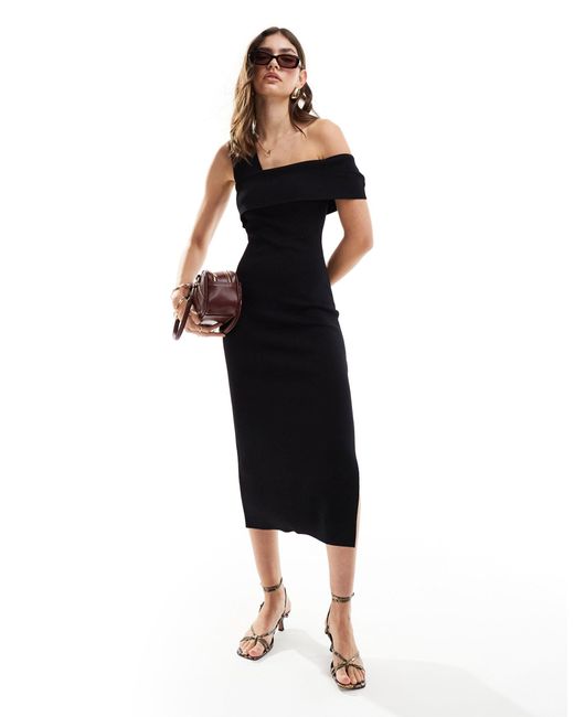 & Other Stories Black Knitted Midi Dress With Asymmetric Off-shoulder Detail
