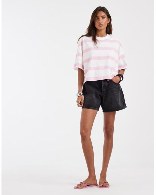 ASOS White Boxy Cropped T-shirt Pink & Cream Stripe