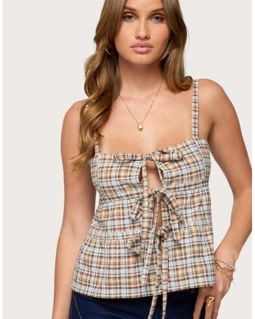 Edikted Blue Mirena Tie Front Plaid Tank Top