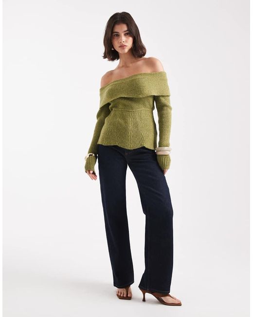 Vero Moda Green Rib Knitted Bardot Top