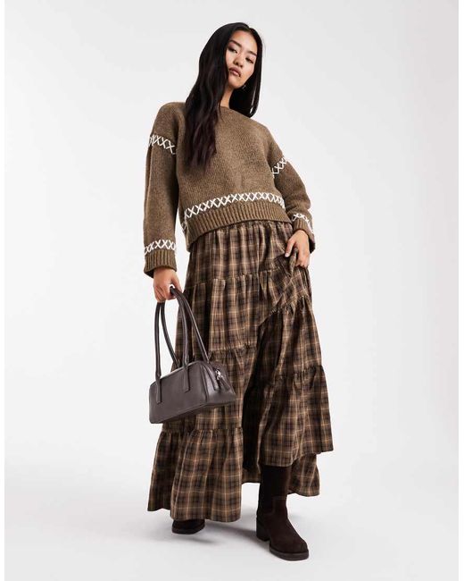 Daisy Street Brown Shirred Tiered Maxi Skirt