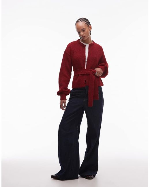 ASOS Red Knitted Oversized Cardigan With Wool With Tie Waist