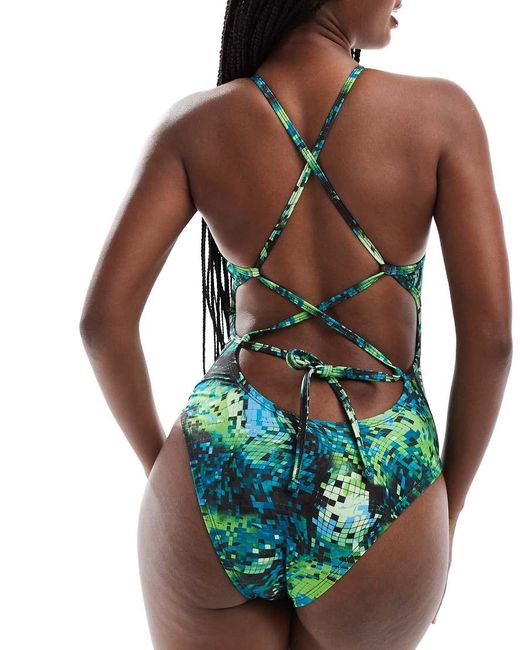 Nike Green Nike Lace Up Printed Tight Fit Performance Swimsuit