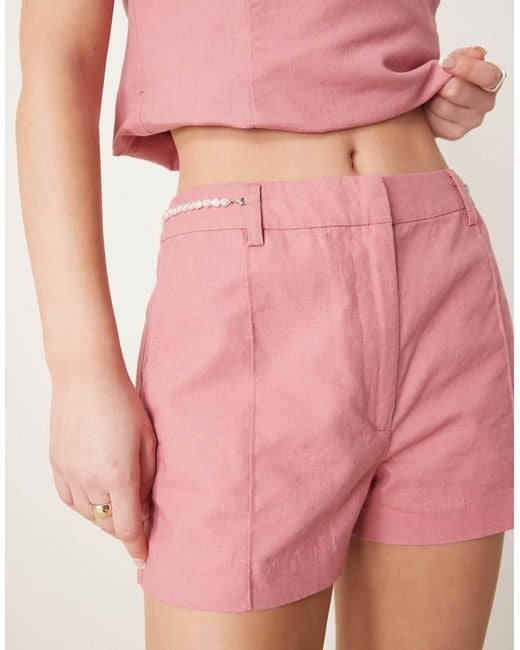 ASOS Pink Tailored Linen Short Co-ord With Bead Detail