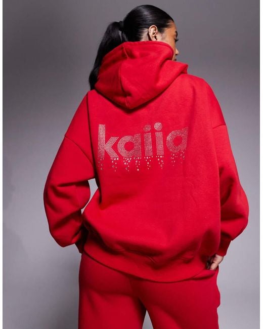 Kaiia Red Exclusive Cotton Rich Diamante Logo Oversized Hoodie Co-ord