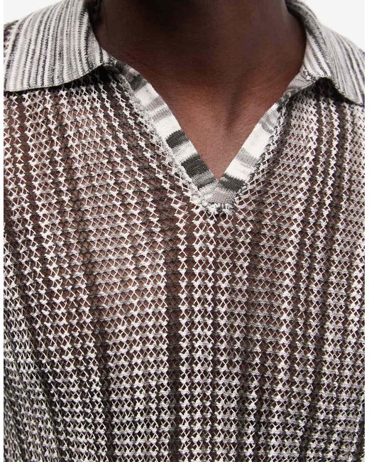 ASOS Gray Knitted Long Sleeve Mesh Notch Neck Polo for men
