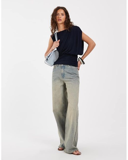Object Blue Draped Shoulder Top With Ruched Detailing