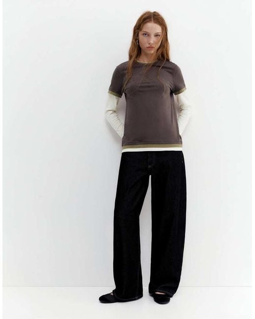 Pull&Bear Brown Double Sleeve T-Shirt