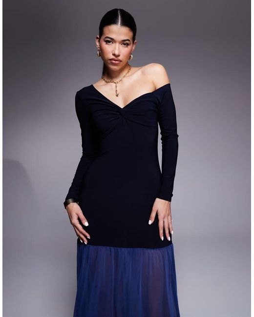 ASOS Purple Knot Neck Detail Off Shoulder Maxi Dress With Sheer Skirt