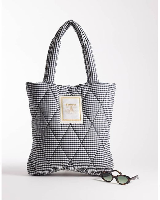 Barbour Riah Quilted Logo Gingham Tote Bag in White | Lyst UK