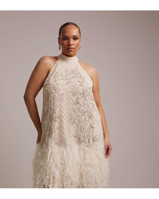 ASOS Natural Asos Design Curve Floral Embellished Halter Mini Dress With Faux Feather Hem