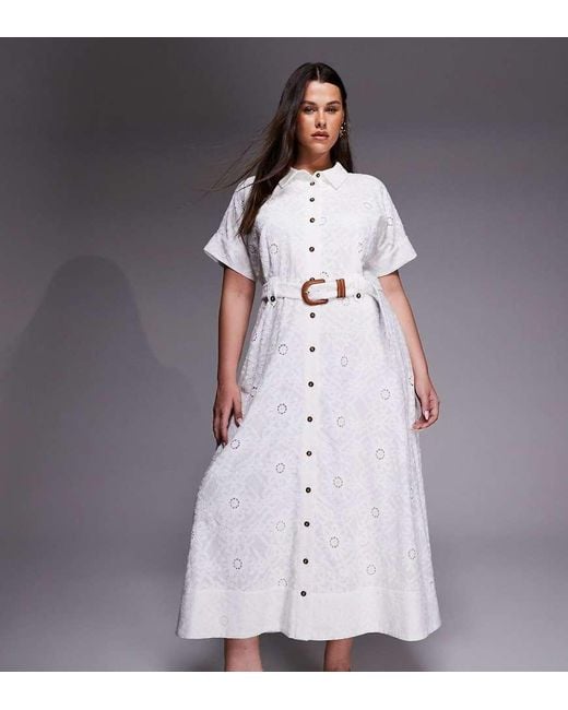 Forever New White Short Sleeve Broderie Shirt Midi Dress