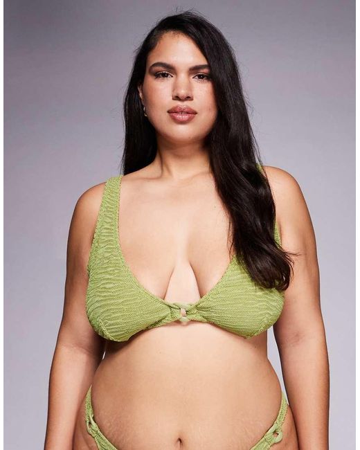 ASOS Green Asos Design Curve Laurie Textured High Apex Bikini Top With Chain Link