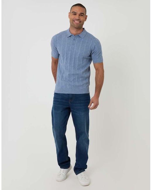 Threadbare Blue Cable Stripe Knitted Button Polo for men