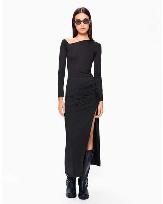 Bershka Black Asymmetric Long Sleeve Midi Dress