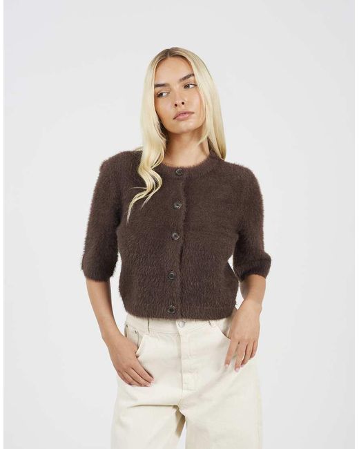 Brave Soul Brown Short Sleeve Fluffy Yarn Cardigan