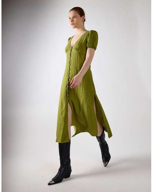Glamorous Green Button Front Deep V-Neck Midi Dress