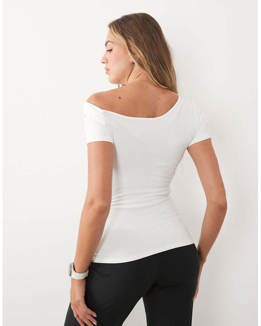 4505 White Plush Handle Asymmetric Drape Detail Cap Sleeve Studio Top