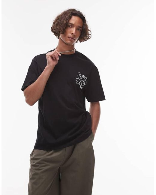 Camiseta Negra Extragrande Con Estampado "Le Marais" En Relieve En La Parte Delantera Y Trasera De Topman de hombre de color Black
