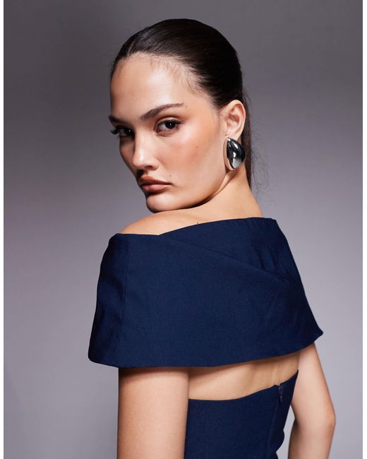 Vesper Blue Bengaline Deep Bardot Cinch Detail Side Split Maxi Dress
