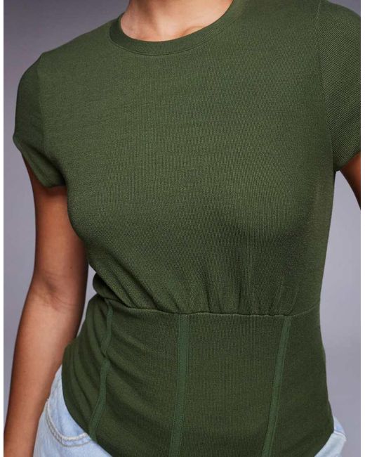 ASOS Green Fine Rib Short Sleeve Top With Corset Waist