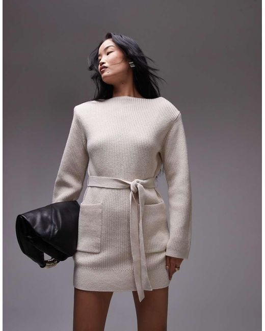 Vestido Corto Color Crema Con Lazada En La Cintura De Punto Acanalado De Mezcla De Algodón Y Lana De -Neutro & Other Stories de color Brown