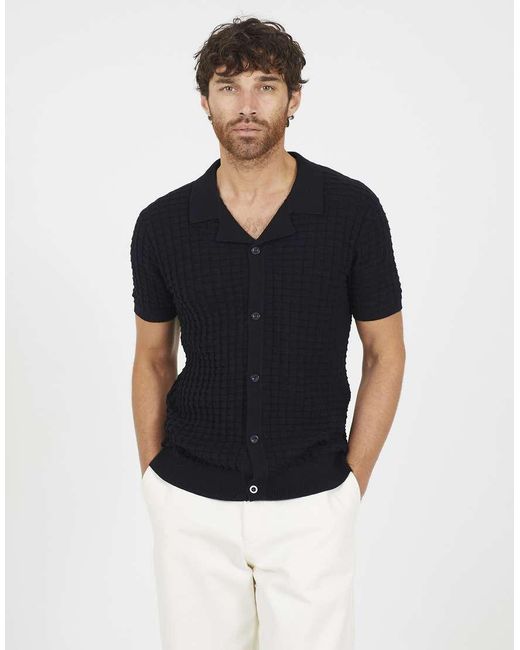 Brave Soul Blue Revere Collar Knitted Short Sleeve Shirt for men