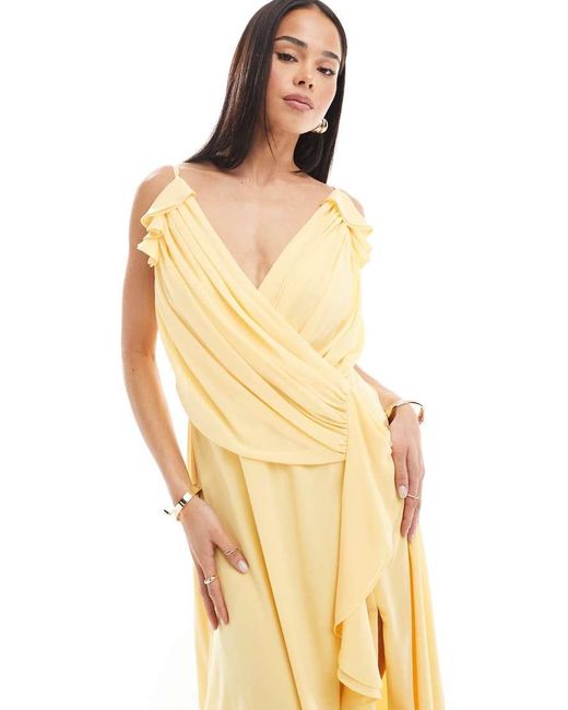 TFNC London Metallic Bridesmaid Wrap Front Chiffon Maxi Dress With Frill Detail And Split